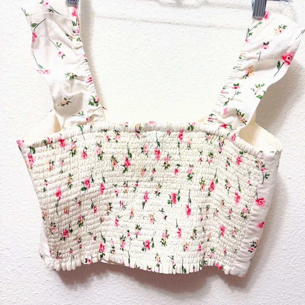 Joie Linen Floral Crop Top NWOT Smocked Pink Roses Cottagecore M